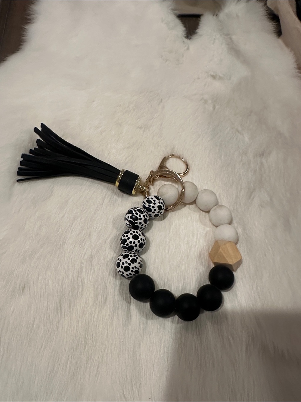 Beaded Black & White dog paw Tassel Keychain Wristlet - Unbranded